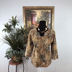 Ruby Rd Women’s Animal Print Top Size L Brown 3/4 Sleeve Cotton Stretch